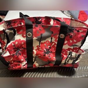 Thirty-One Red Floral Tote Bag with Black Straps